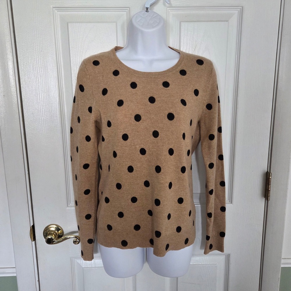 Lord & Taylor S 100% Cashmere Sweater Tan Black Polka Dot Crew Neck Knit Autumn